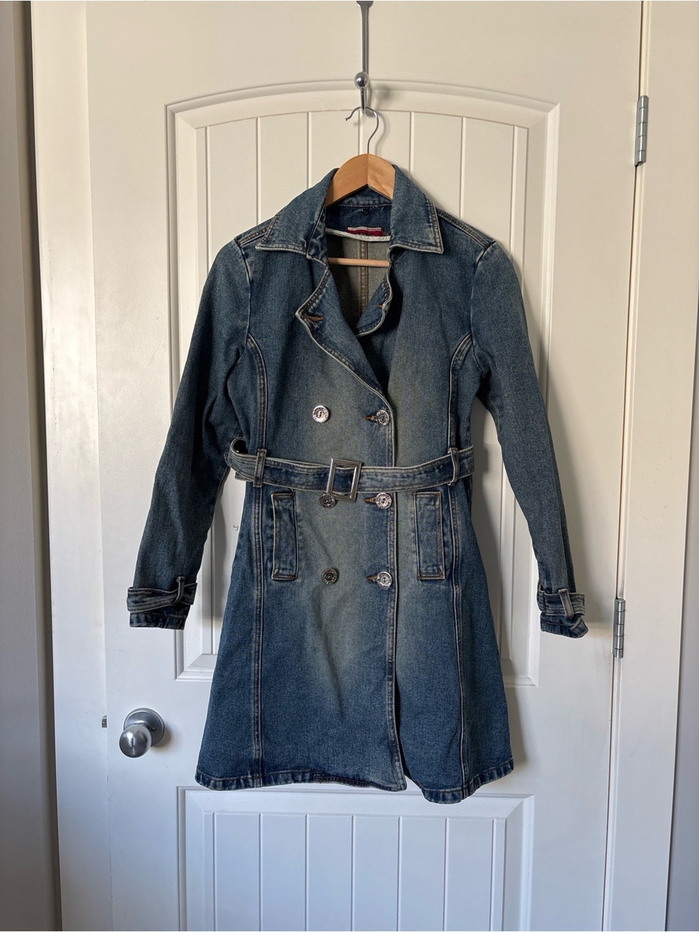 Go Ahead Alone Denim Trench Coat Belted Sz M Blue Double Breasted Vintage Y2K